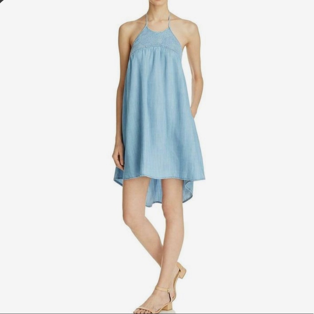 CLOTH & STONE LIGHT BLUE DENIM EMBROIDERED HALTER TOP high low pocket DRESS